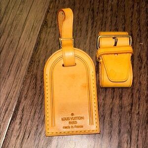Authentic Louis Vuitton Tan Leather Luggage Tag and Strap